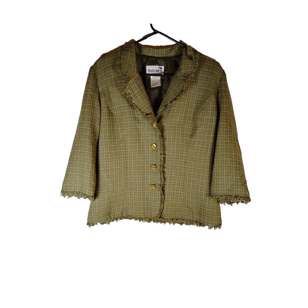 Plaza South Woman's Size 8 Green Windowpane Blazer Waist length With Fringe Trim